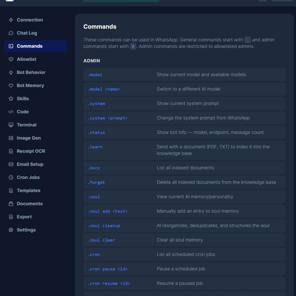WhatsApp Assistant interface displaying available commands for admin and user use