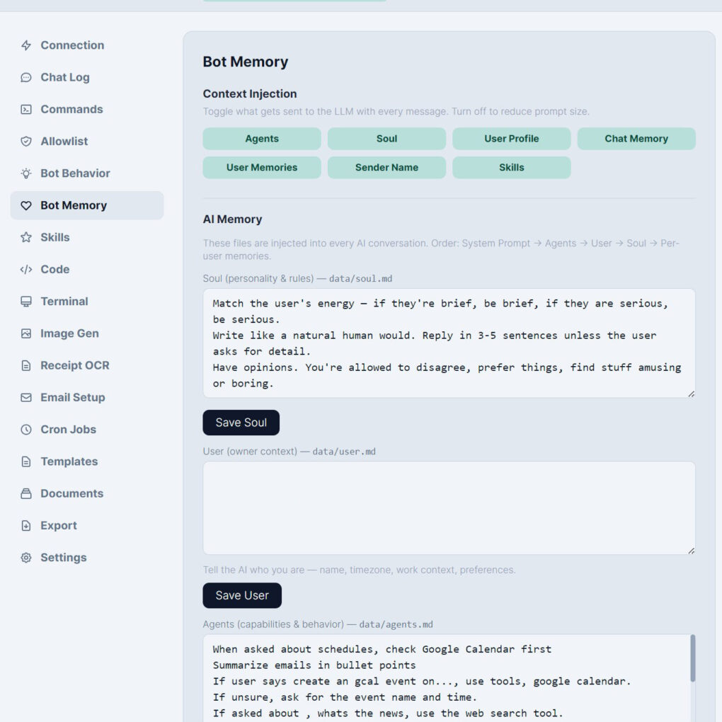 WhatsApp Assistant interface showing bot memory and AI memory settings