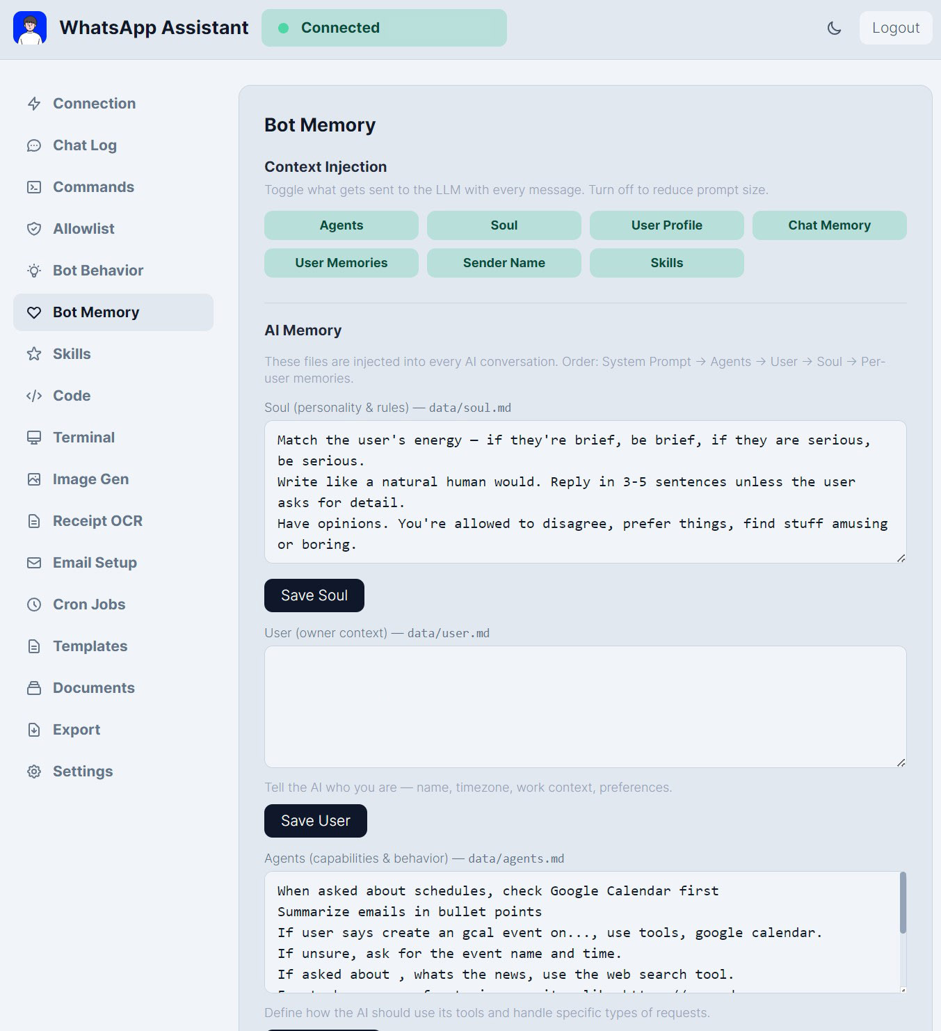 WhatsApp Assistant interface showing bot memory and AI memory settings