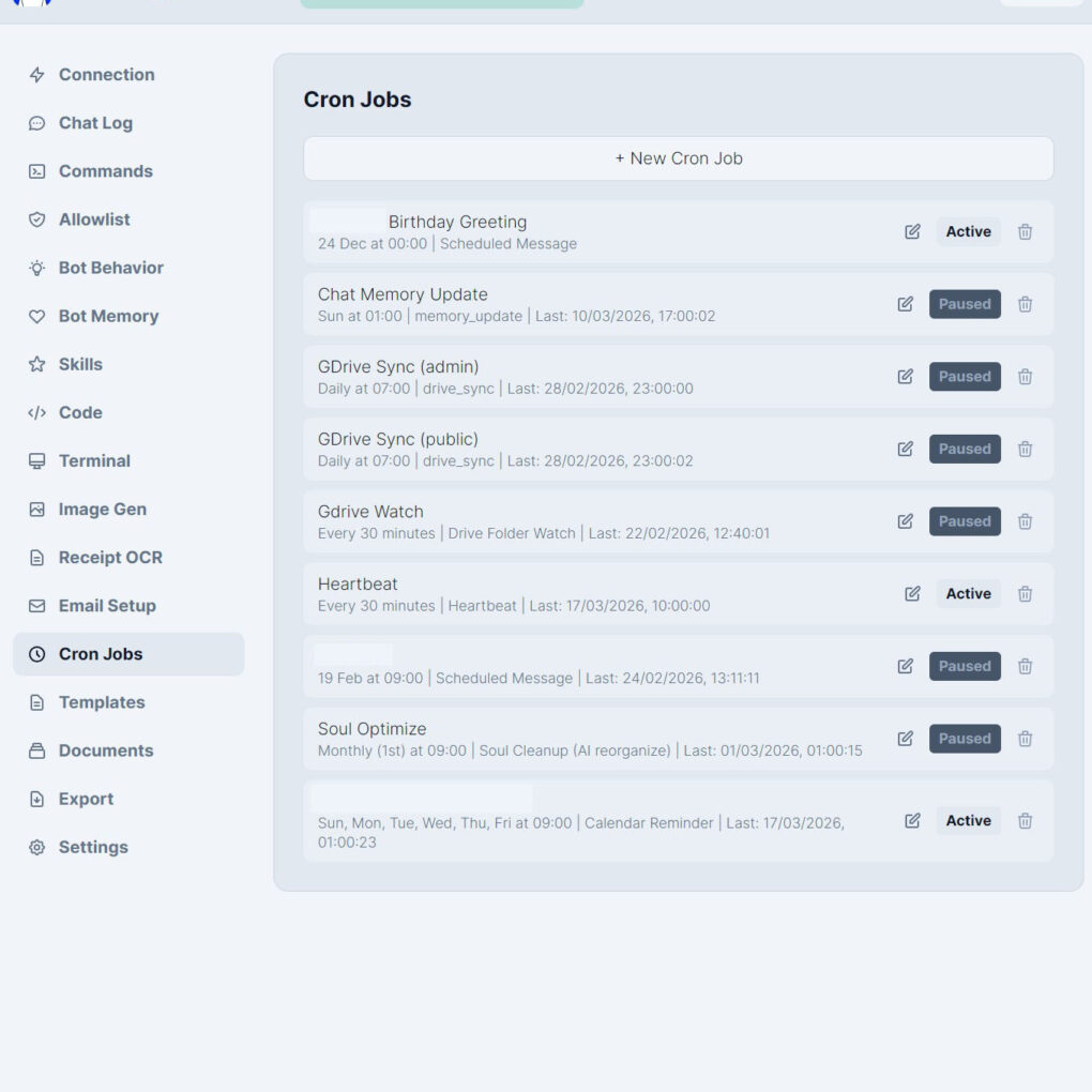 WhatsApp Assistant dashboard displaying active cron jobs and their schedules