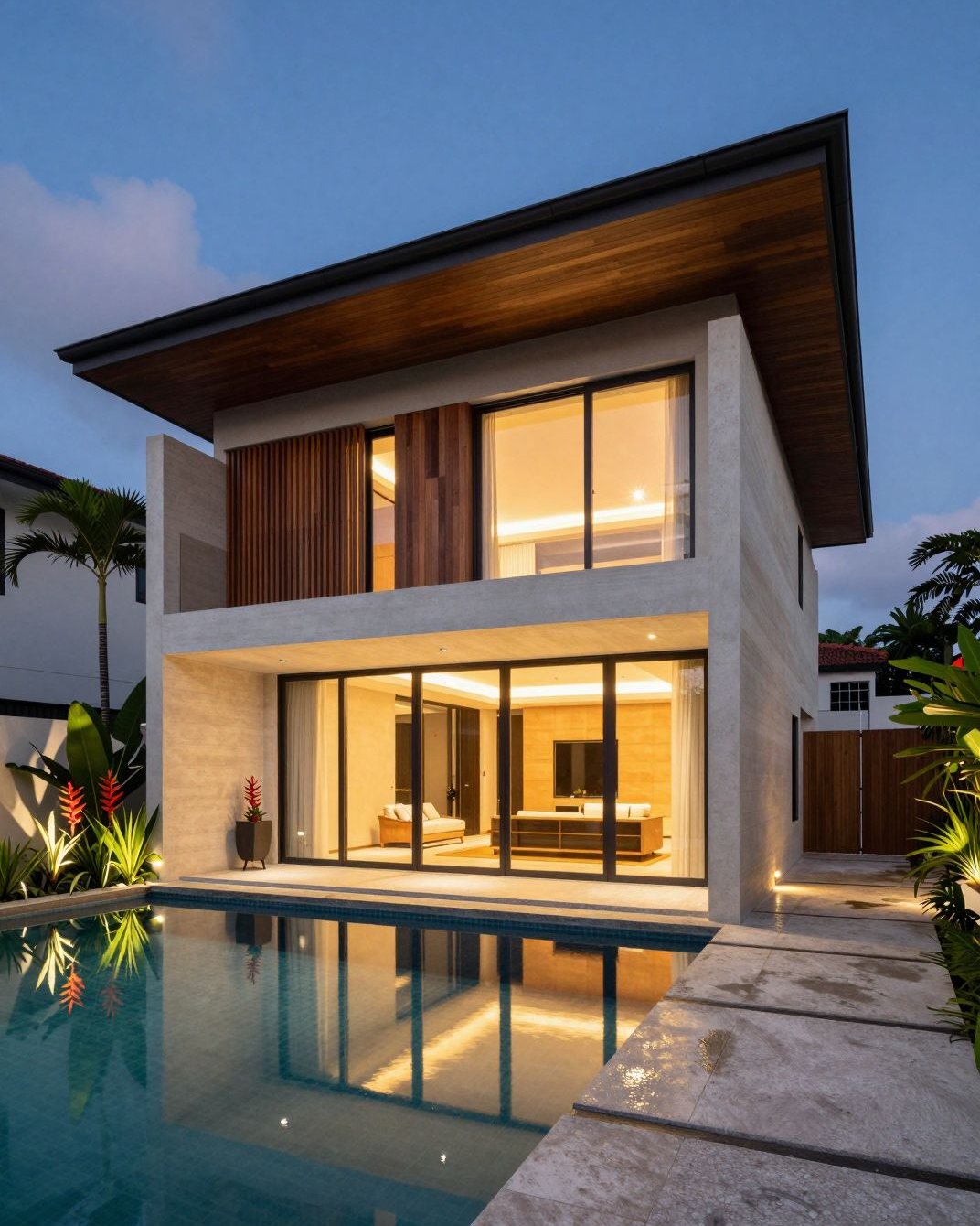 Contemporary bungalow with a lap pool, lit at dusk