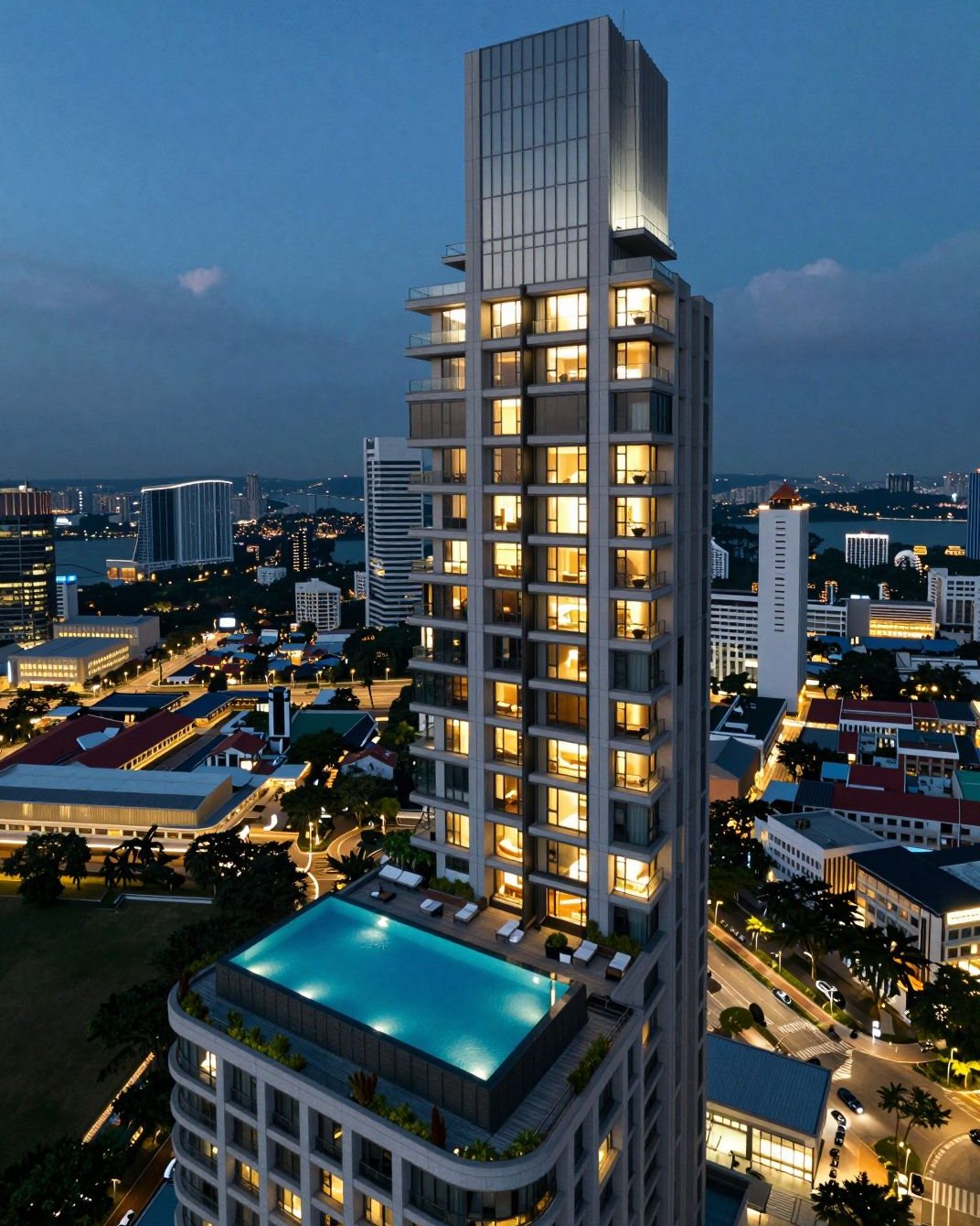 High-rise residential tower with a rooftop pool at dusk