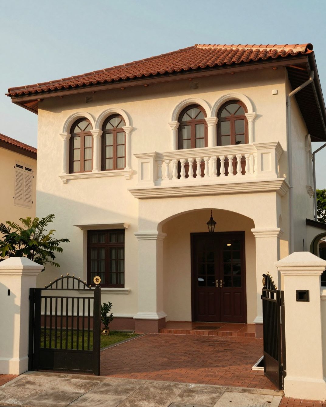 Villa frontage with gated entrance and arched windows