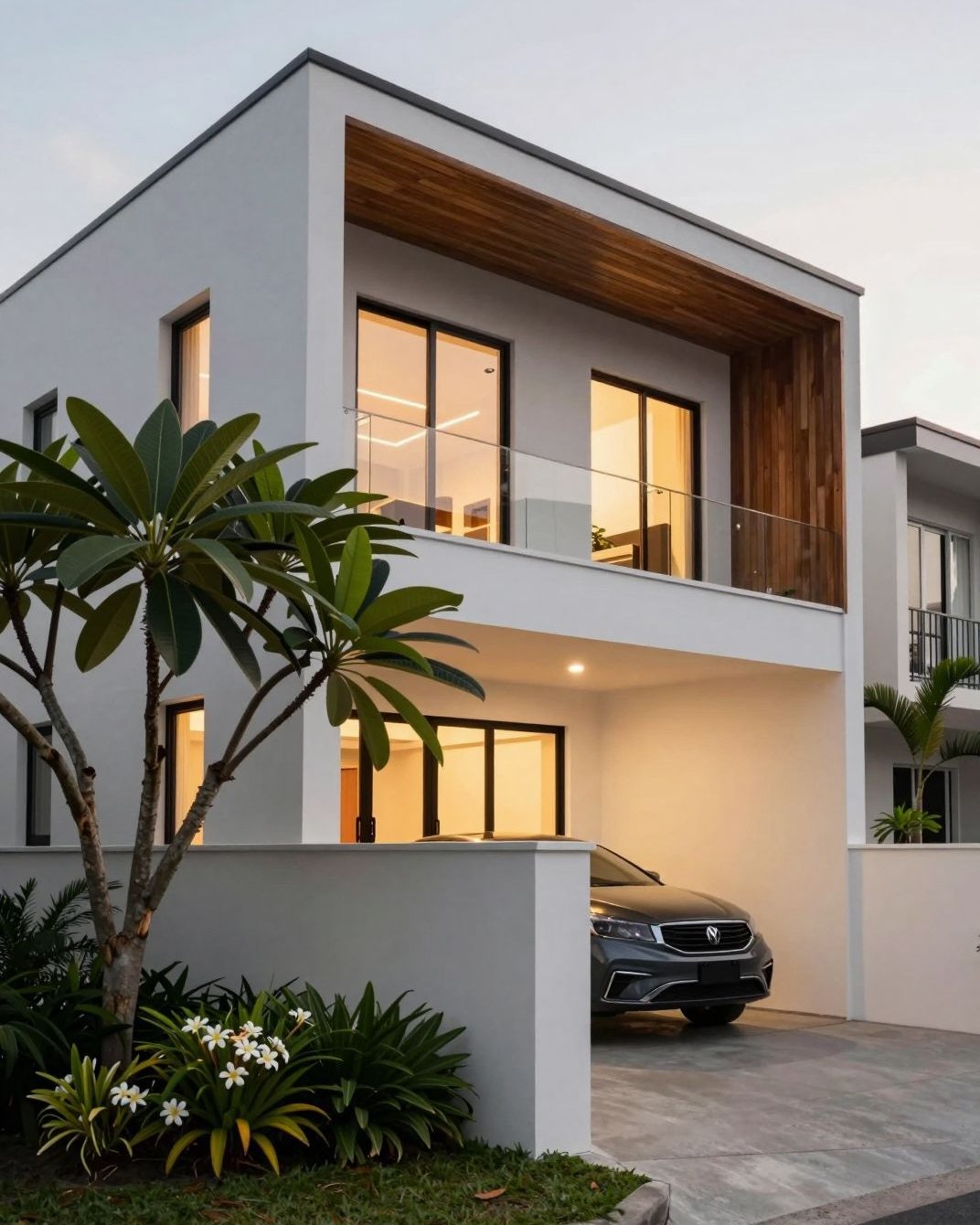 Modern semi-detached house at dusk with covered carport
