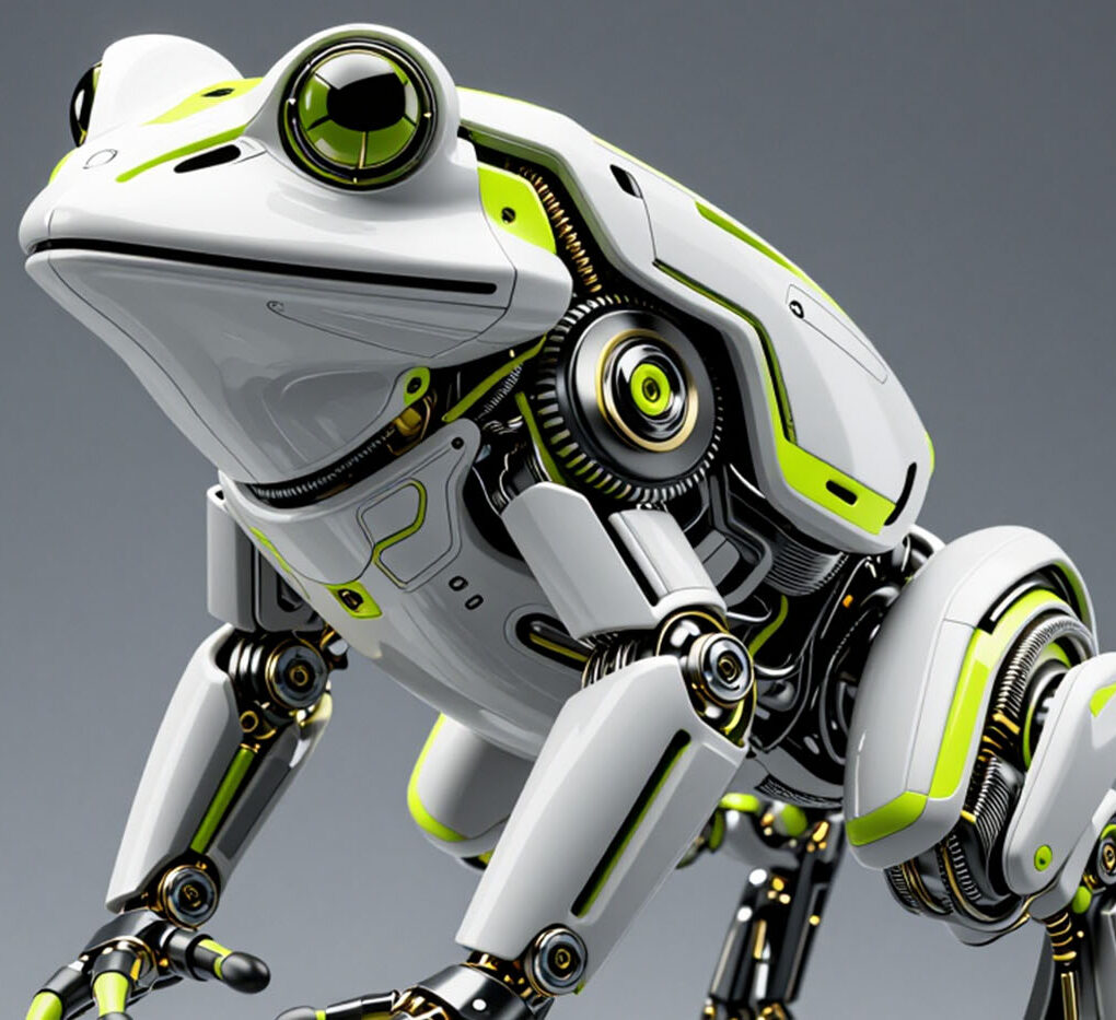 Futuristic robotic frog with green accents and mechanical details