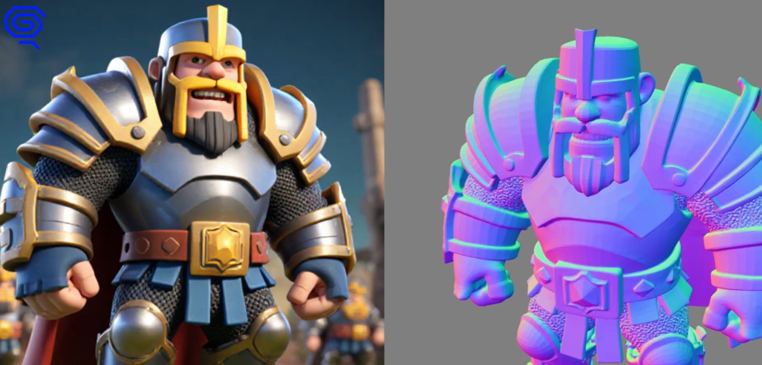 Two armored warriors: one detailed, one stylized with vibrant gradient colors