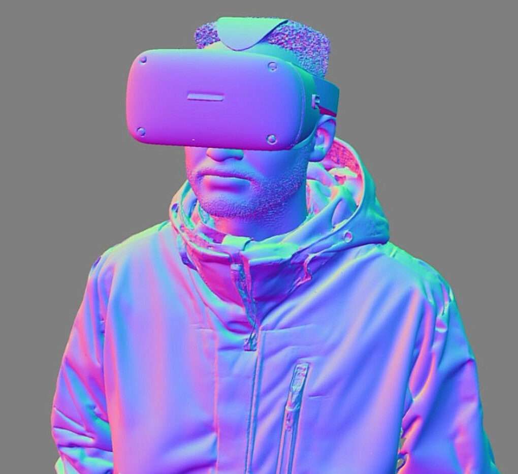 Person wearing VR headset with vibrant purple and blue lighting effects