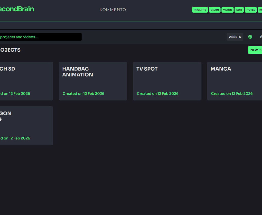 Dark-themed project management dashboard with five project cards