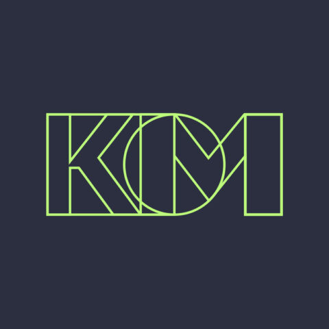 Green geometric logo spelling "KIM" on dark background