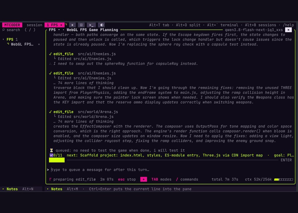 mtcoder-gallery-agent MTCoder agent editing files with a task list and goal