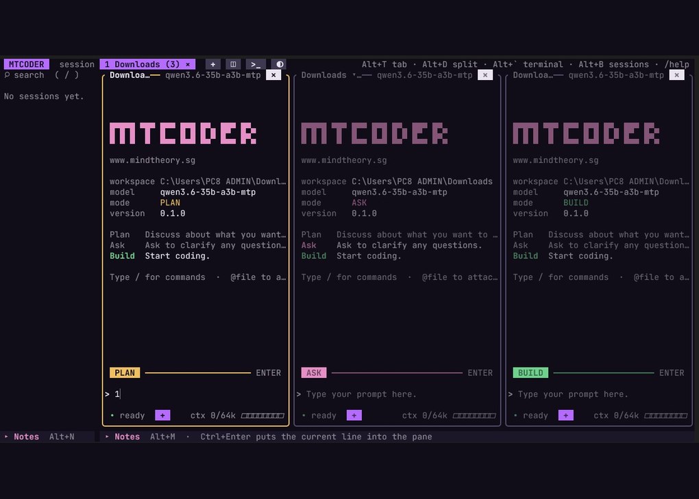 mtcoder-gallery-multipane MTCoder three panes in PLAN, ASK and BUILD modes