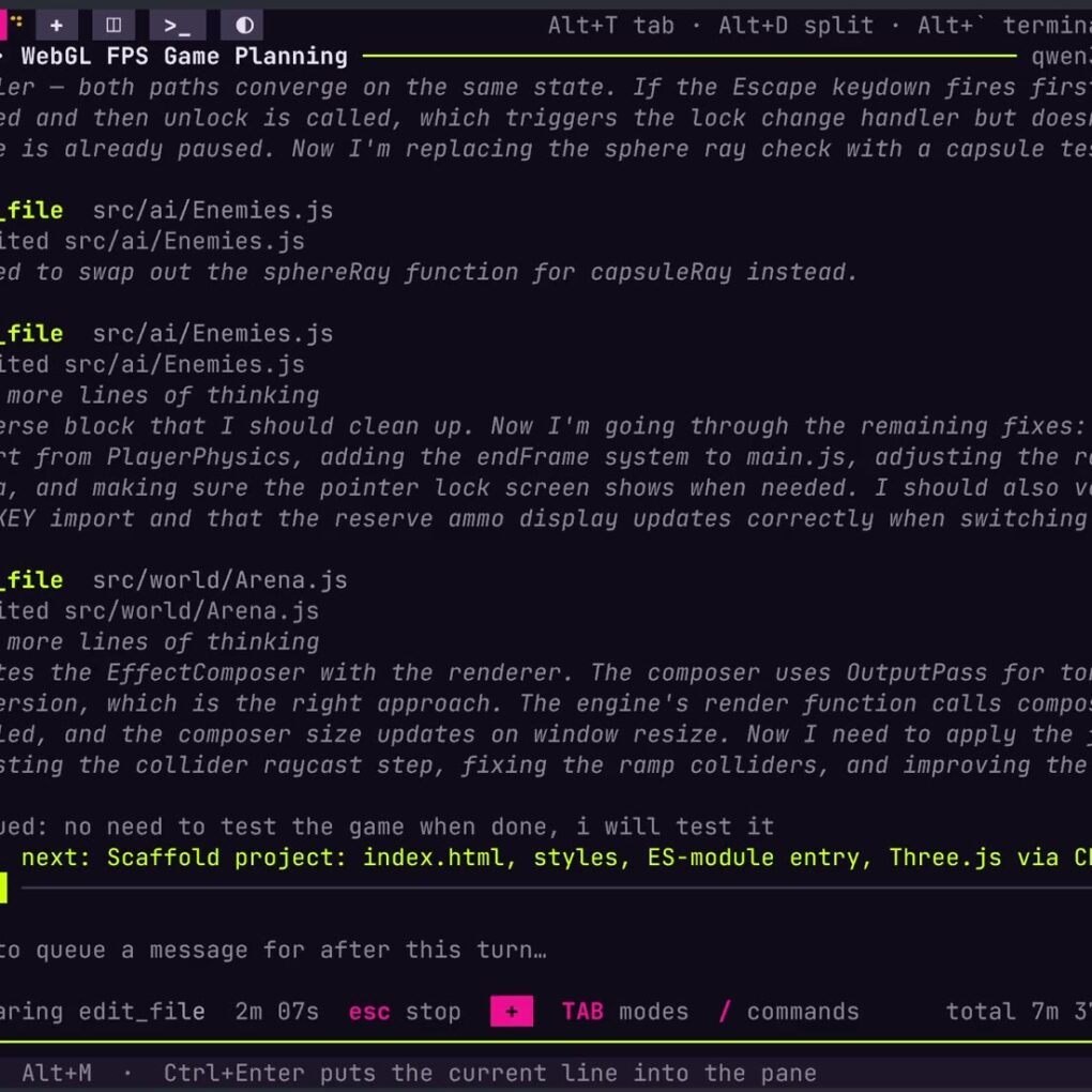 MTCoder AI coding harness editing a project in a terminal pane