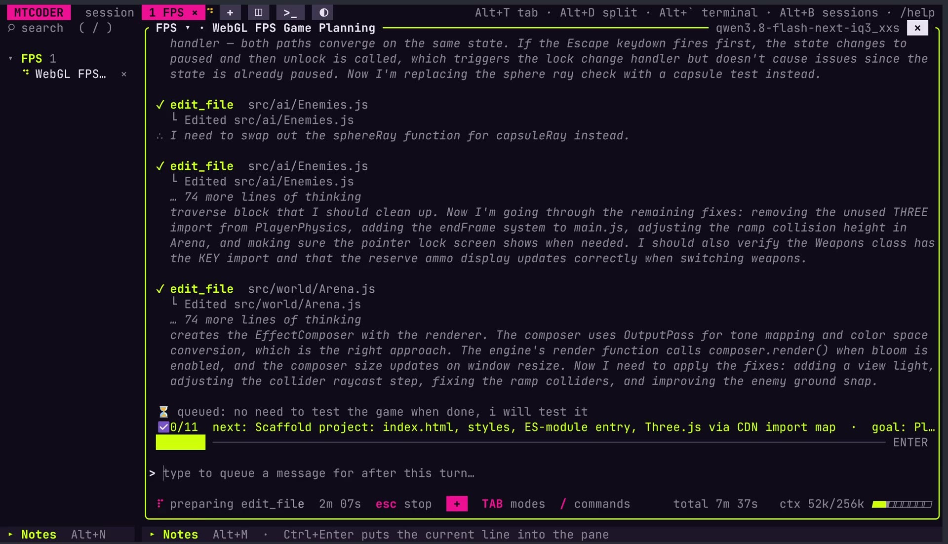 MTCoder AI coding harness editing a project in a terminal pane