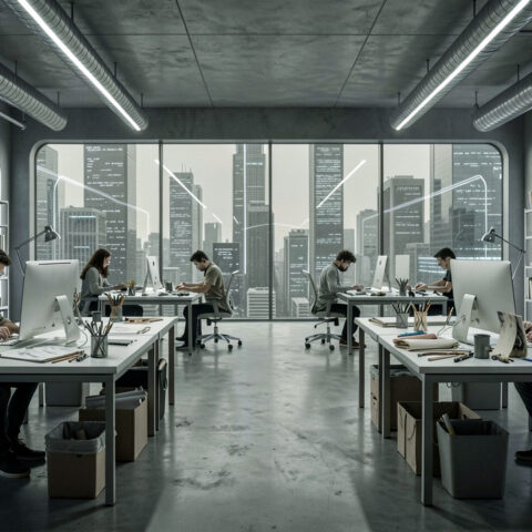 Modern office with employees working at desks under bright industrial lighting