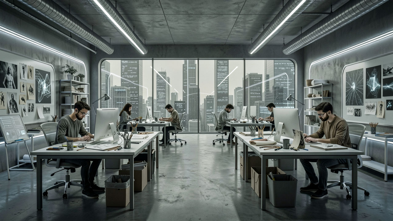Modern office with employees working at desks under bright industrial lighting