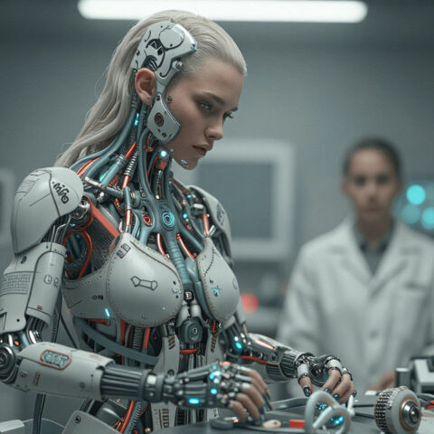 Cyborg scientist works in lab with human colleague in background