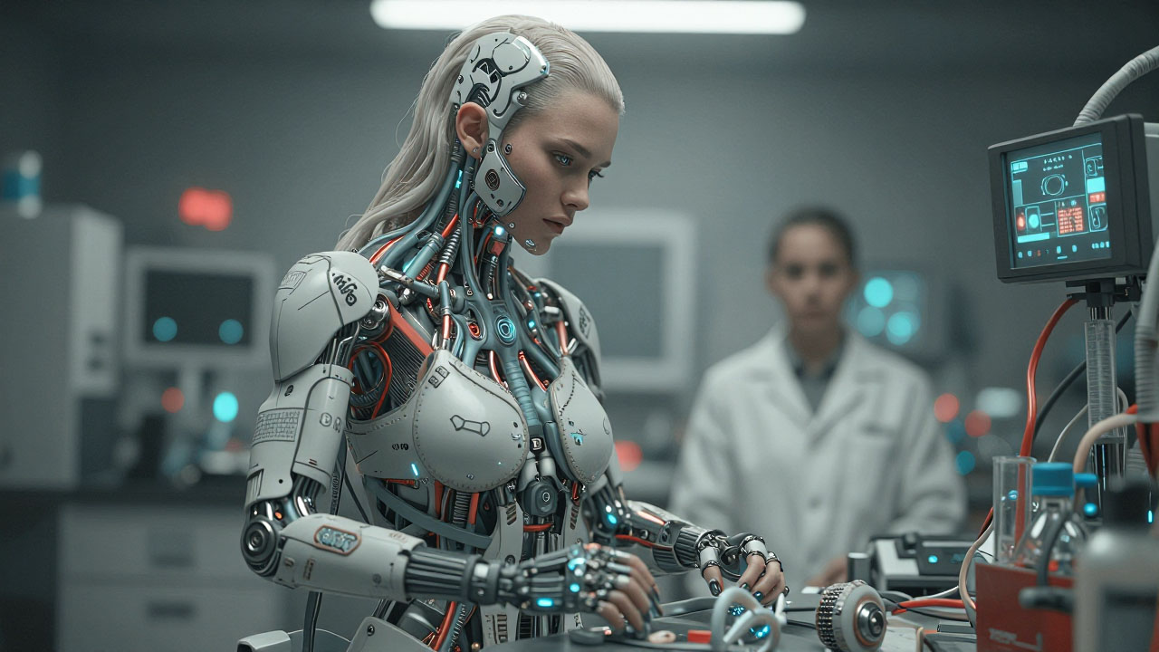 Cyborg scientist works in lab with human colleague in background