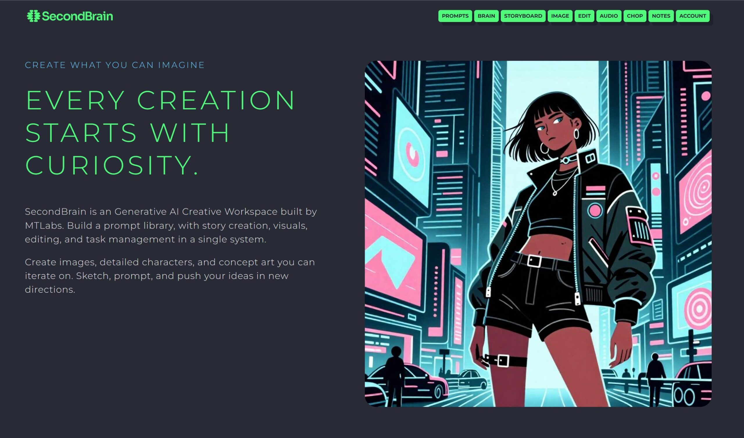 SecondBrain creative workspace by MT Labs showing a generated illustration beside the prompt library navigation