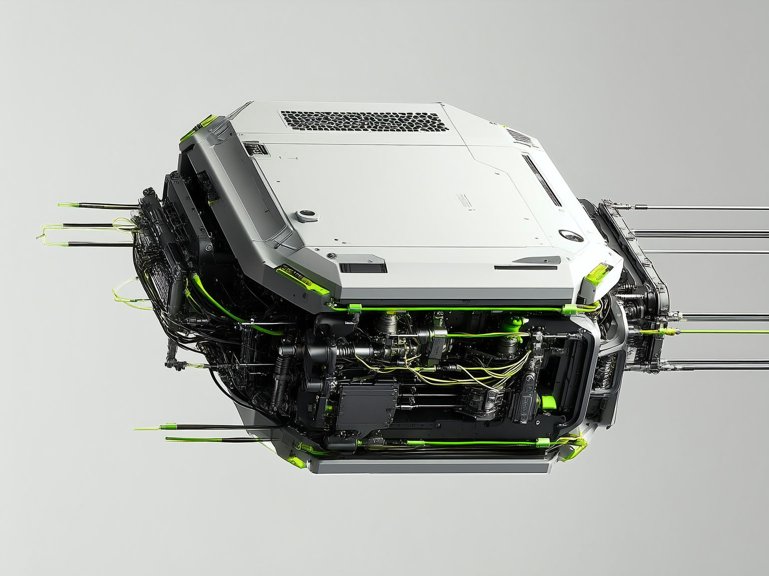 Futuristic robotic engine with glowing green wires and metallic components