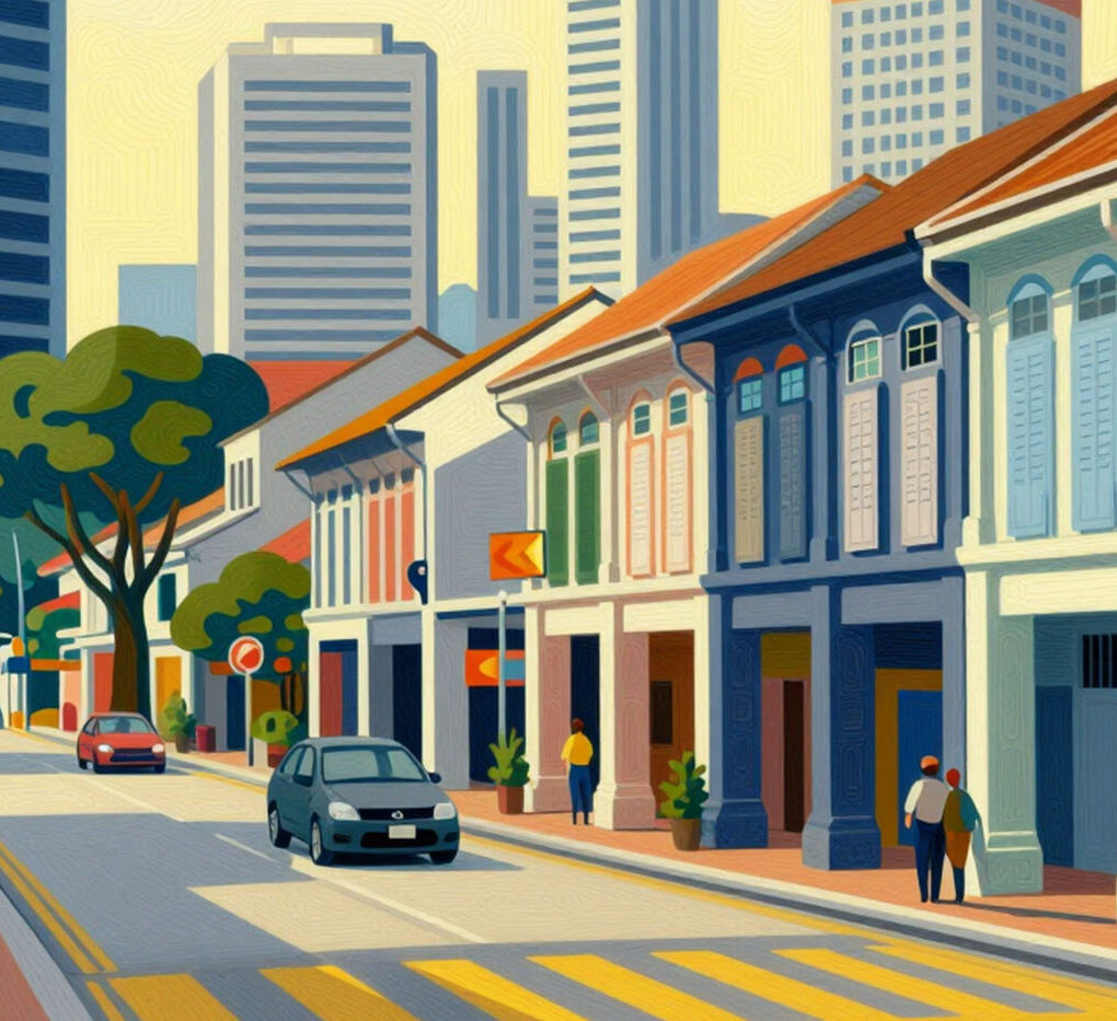 Colorful colonial buildings line a bustling street with modern skyscrapers in background