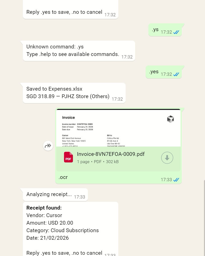 Chat interface showing receipt analysis and expense tracking
