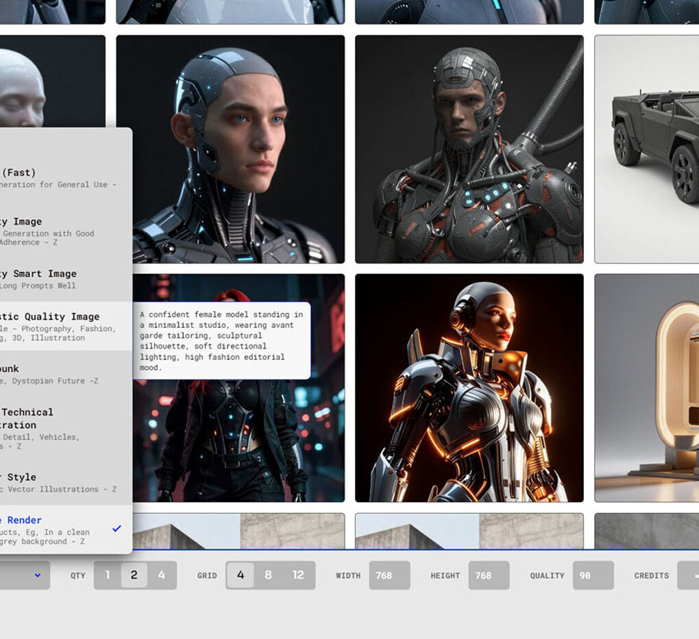 AI-generated images of futuristic robots and vehicles in a digital interface