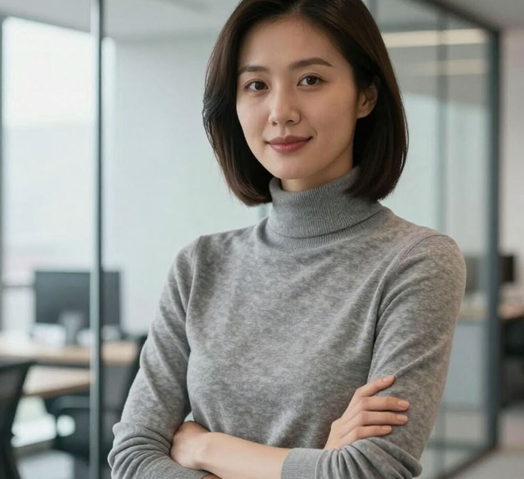Confident woman in gray turtleneck stands in modern office space